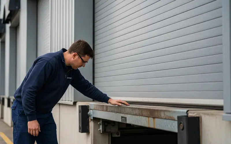 Technician inspecting a rolling steel overhead door at a warehouse loading bay