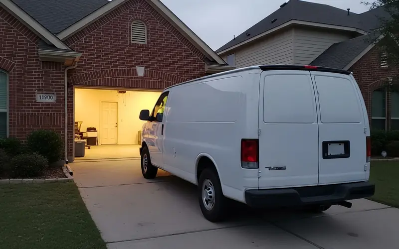 Service van parked at dusk outside a Carrollton home with the garage lit for an emergency repair