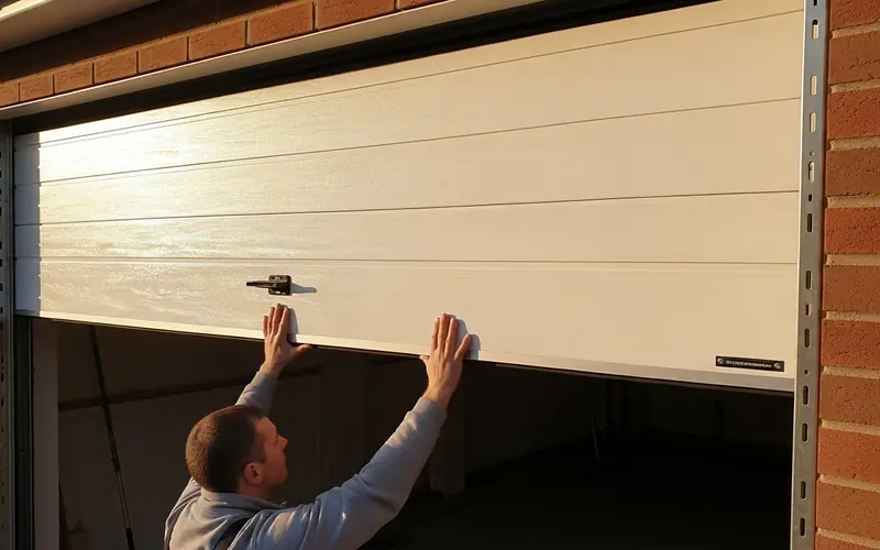 New white sectional garage door panels being installed in the opening of a brick home