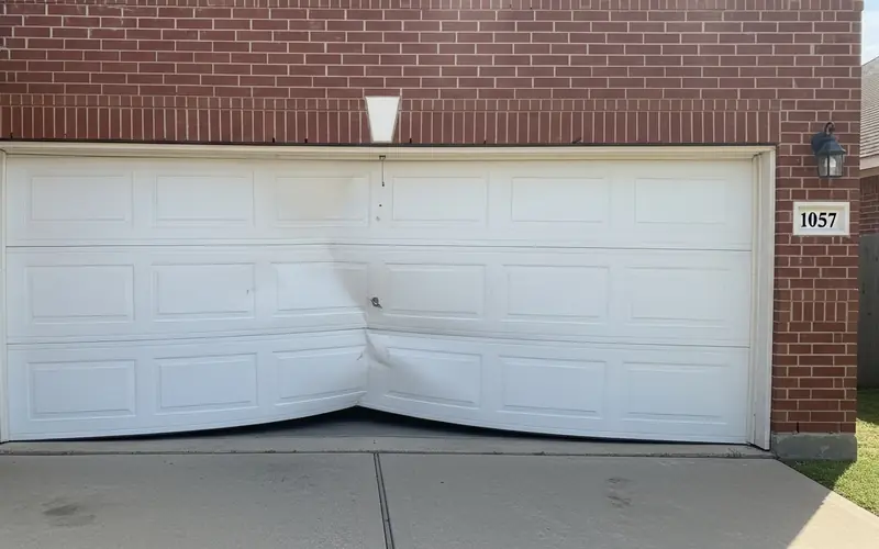 White sectional garage door jammed crooked off its track at a brick Carrollton home