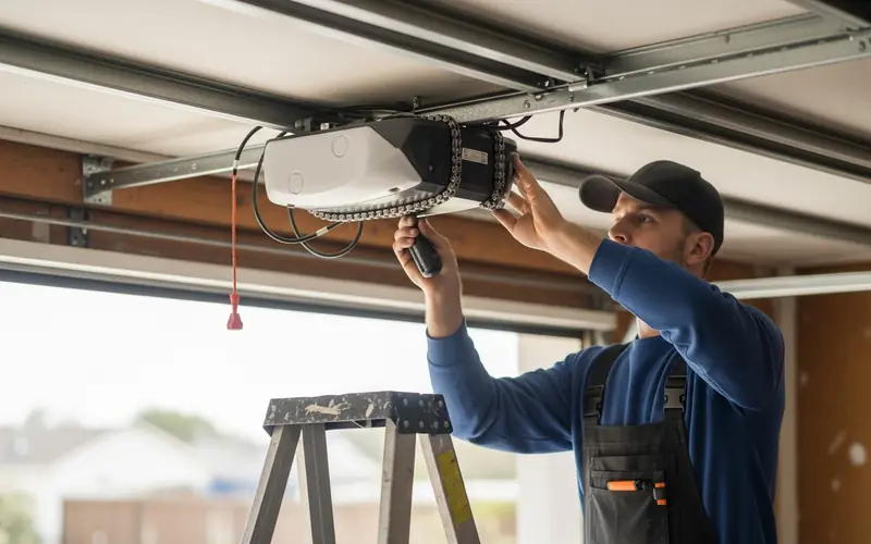Technician on a ladder servicing a ceiling-mounted chain-drive garage door opener in a Carrollton garage