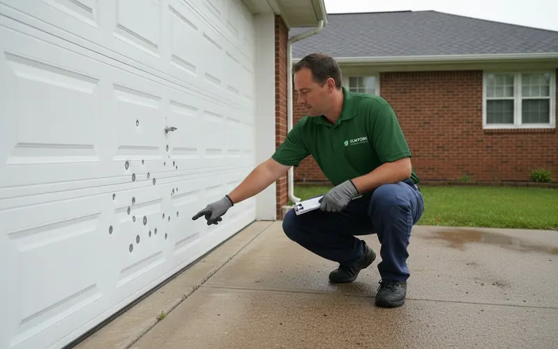 Elm Fork Garage Door Co. technician inspecting hail dents on the bottom section of a white garage door at a Carrollton brick ranch