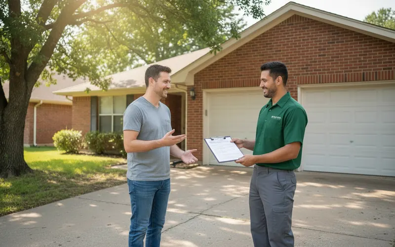 Elm Fork Garage Door Co. technician handing a written estimate to a homeowner in front of a Carrollton brick ranch home