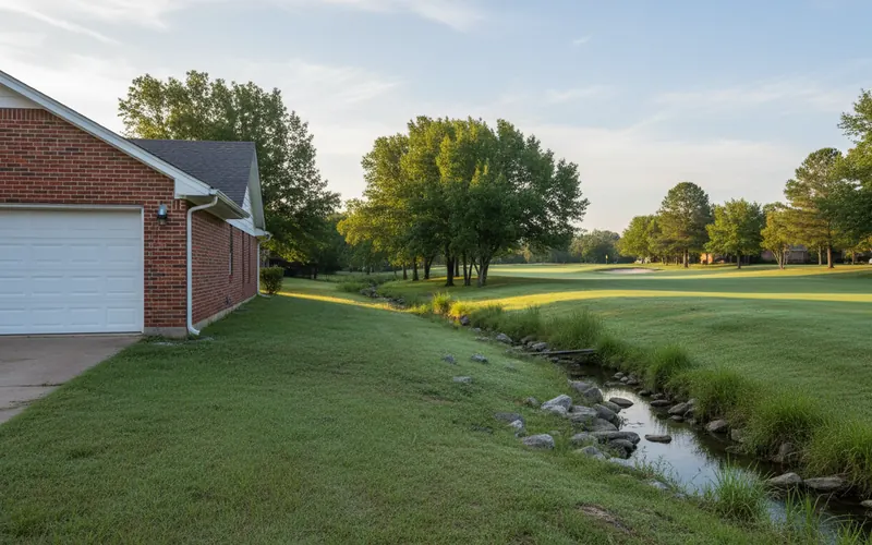 Brick home with a white garage door beside a green belt and golf course in Indian Creek, Carrollton