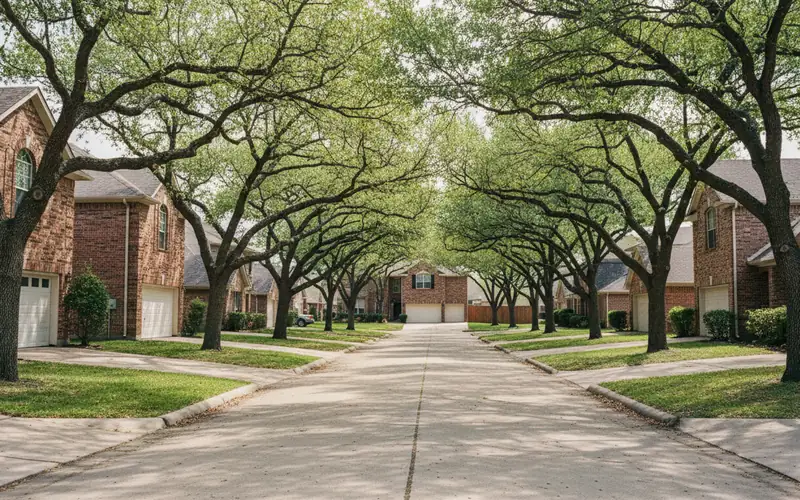 Two-story red brick home with a double garage door on a tree-lined street in Josey Ranch, Carrollton