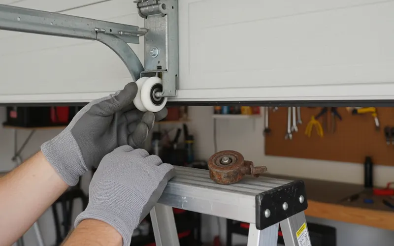 Gloved hands fitting a new nylon roller into a garage door track, with a rusted old roller on the ladder in Carrollton