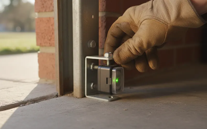 Gloved hand tightening the bracket of a garage door photo-eye sensor on the track in a Carrollton garage