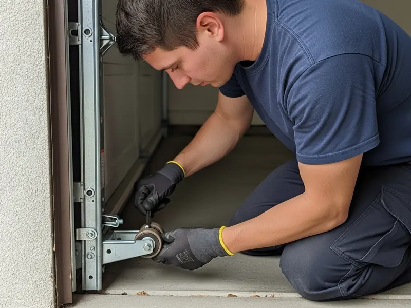Technician kneeling to adjust the bottom bracket and roller of a residential garage door