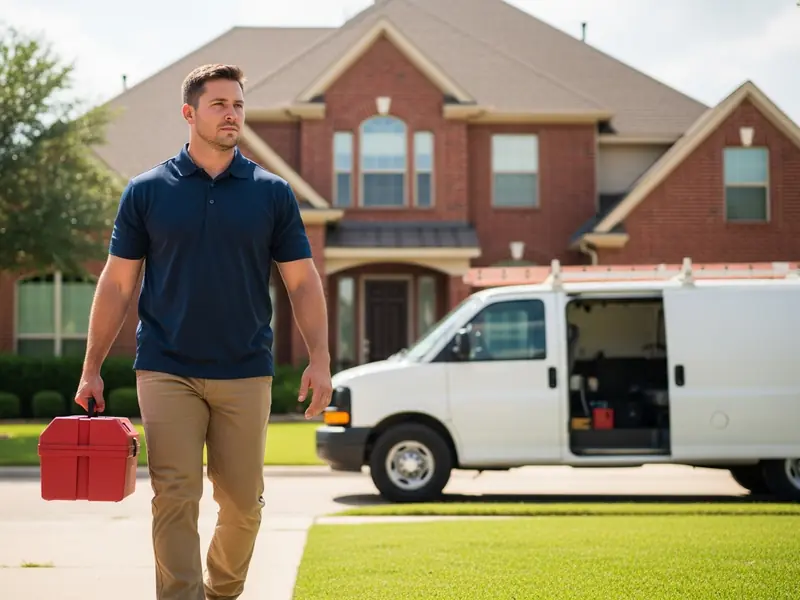 Garage door technician carrying a toolbox from his work van to a brick Carrollton home