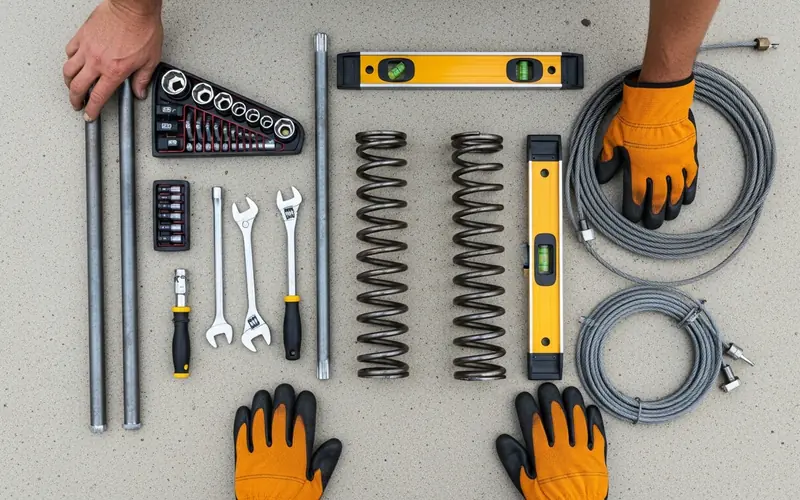 Garage door repair tools laid out on a driveway: winding bars, sockets, springs, level, and lift cables