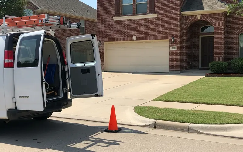 Work van with rear doors open at the curb of a brick Carrollton, TX home