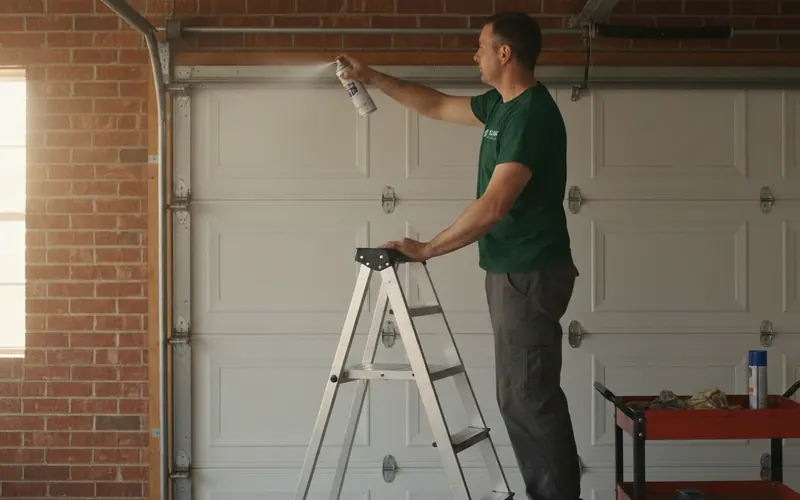 Elm Fork Garage Door Co. technician on a stepladder lubricating the hinges of a white garage door in a Carrollton garage