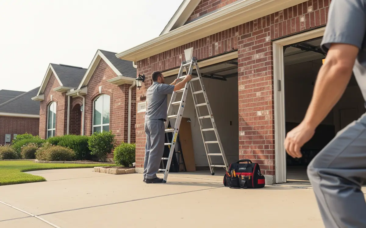 Garage door repair technician working at the open two-car garage of a brick Carrollton, TX home